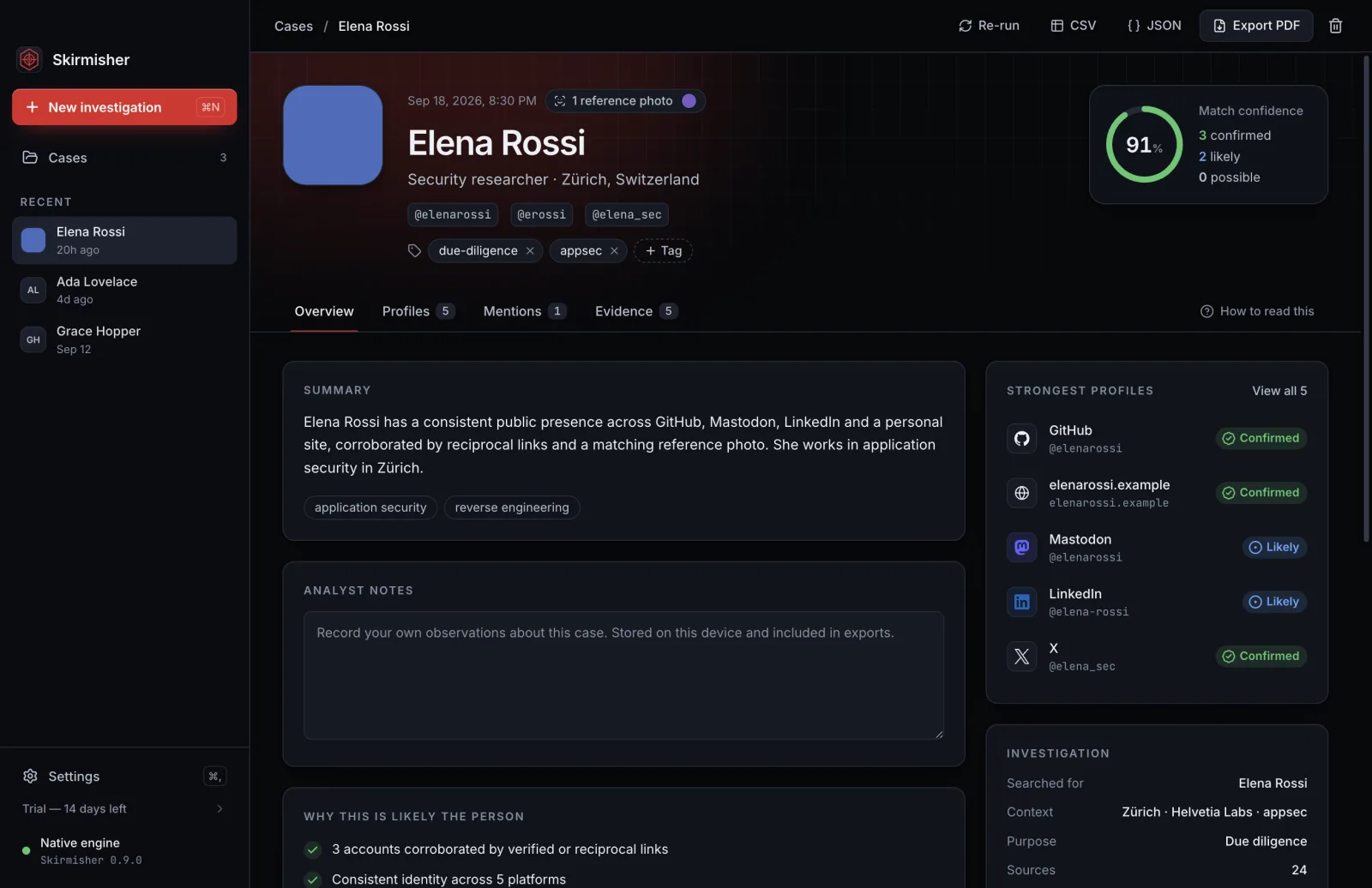 Skirmisher OSINT tool — The dossier — summary, strongest profiles and match confidence